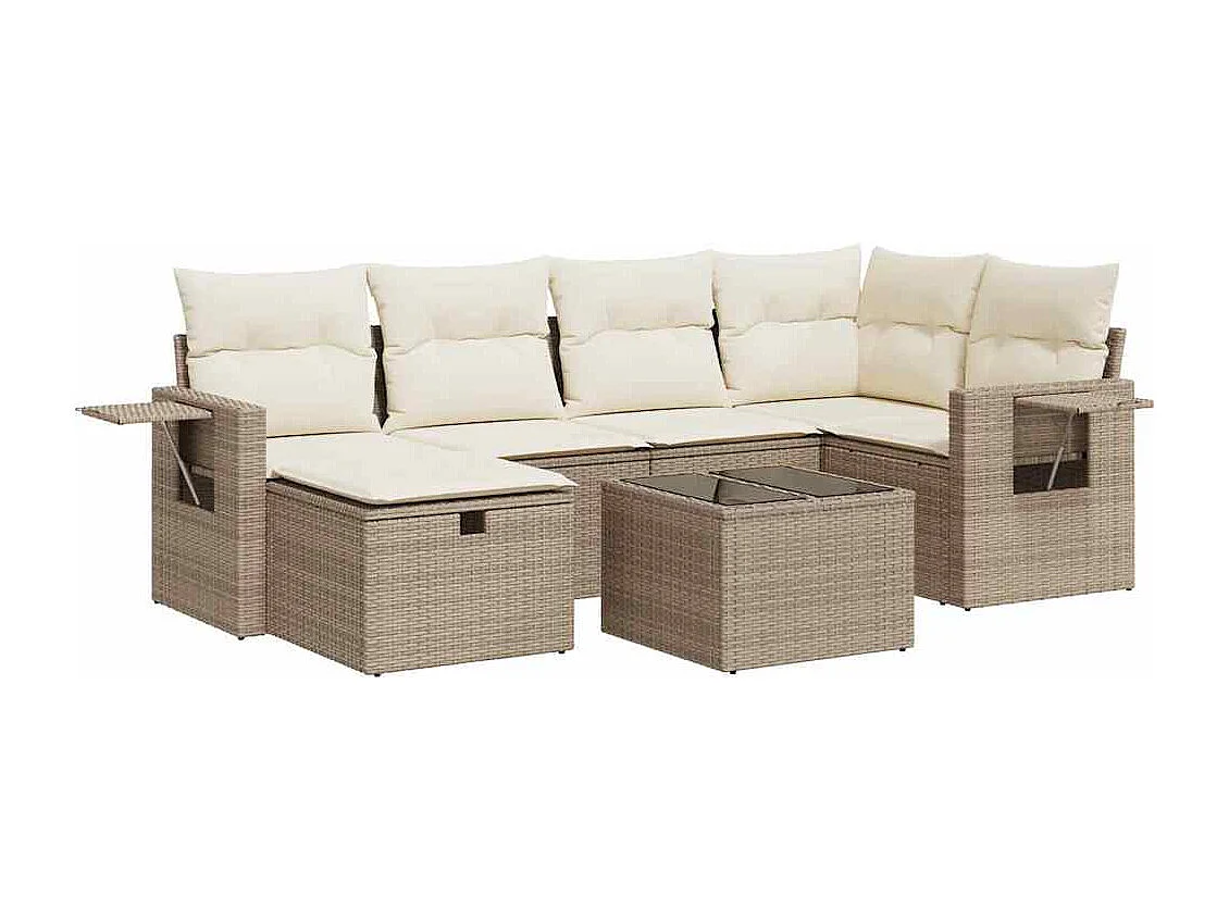 7-tlg. Garten-Sofagarnitur mit Kissen Beige Poly Rattan