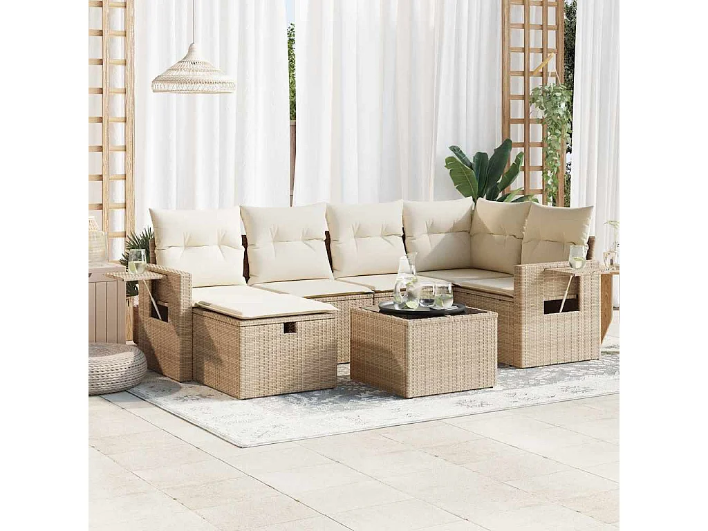 7-tlg. Garten-Sofagarnitur mit Kissen Beige Poly Rattan