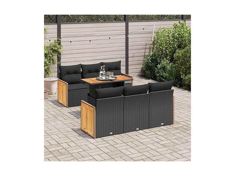 Set Divani da Giardino con Cuscini 7pz Nero Polyrattan Acacia