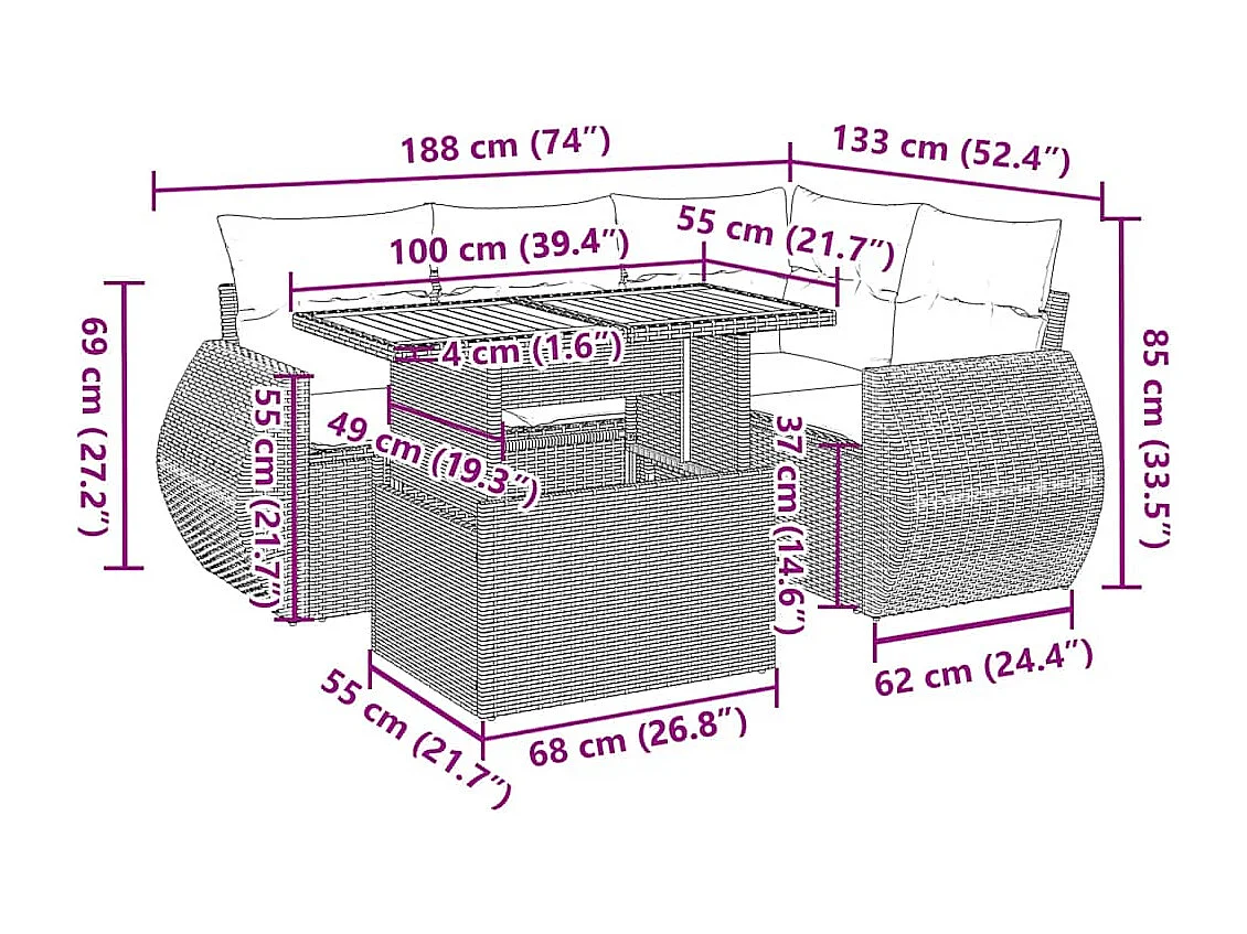 Salon de jardin 5 pcs avec coussins noir résine tressée