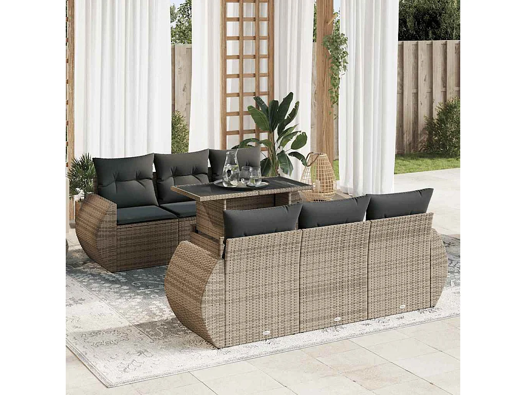 Salon de jardin avec coussins 7 pcs gris résine tressée