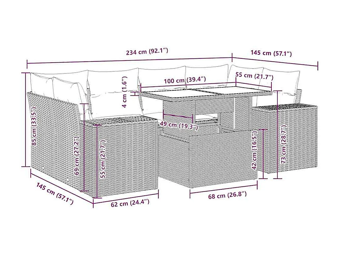 7-tlg. Garten-Sofagarnitur mit Kissen Braun Poly Rattan