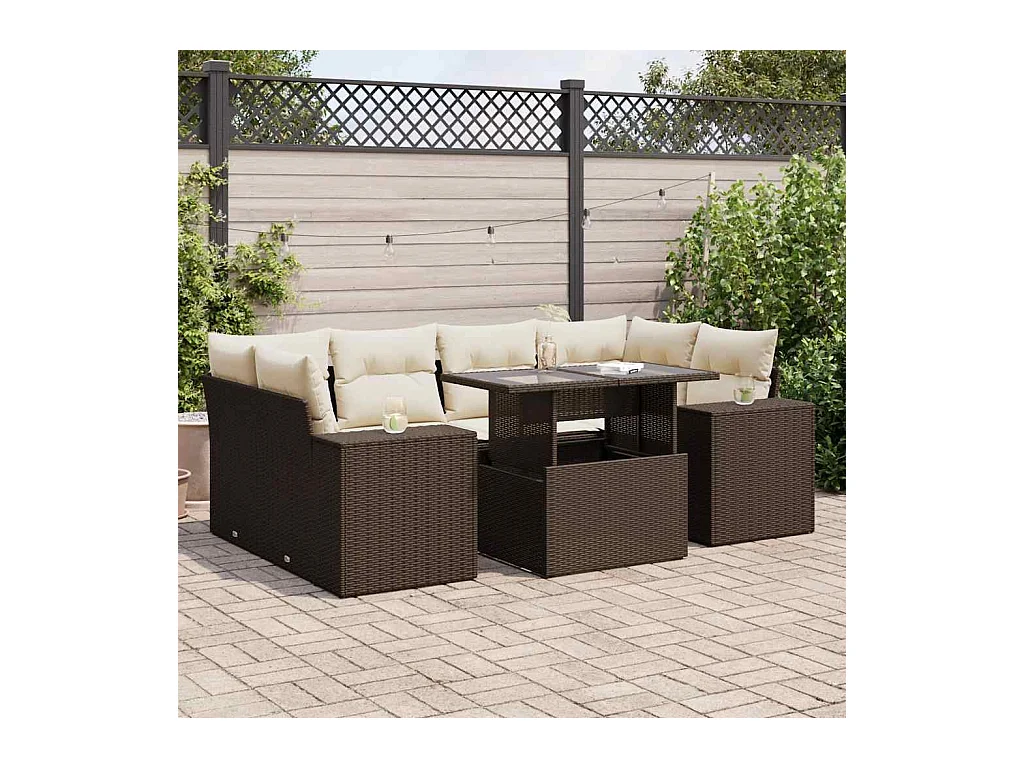 Salon de jardin avec coussins 7 pcs marron résine tressée