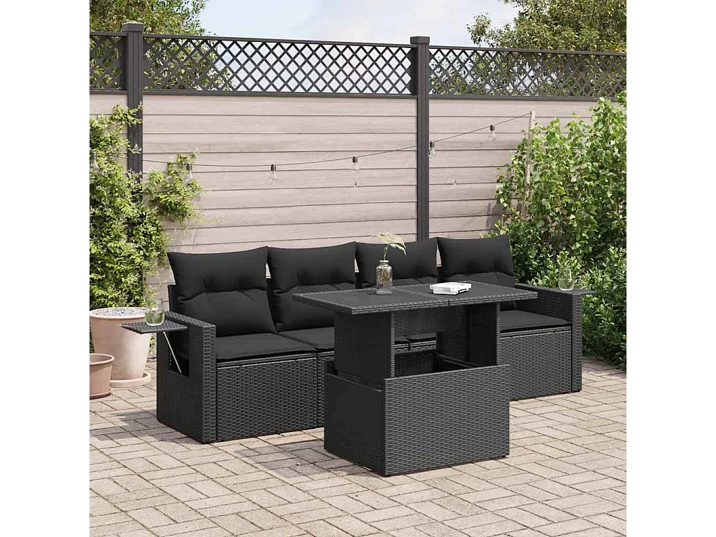 5-tlg. Garten-Sofagarnitur mit Kissen Schwarz Poly Rattan
