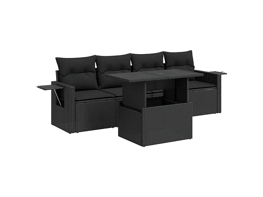 Salon de jardin 5 pcs avec coussins noir résine tressée