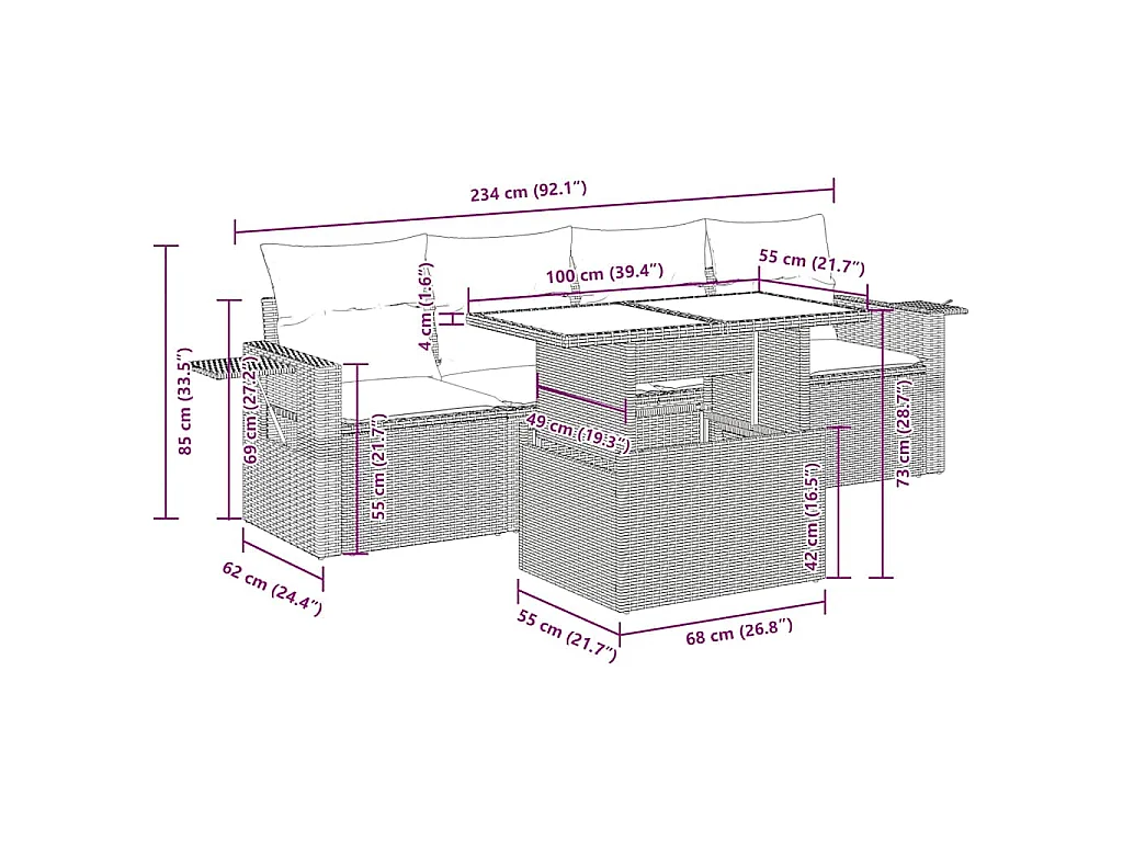 Salon de jardin 5 pcs avec coussins noir résine tressée