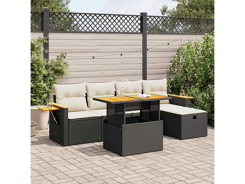 6-tlg. Garten-Sofagarnitur mit Kissen Schwarz Poly Rattan