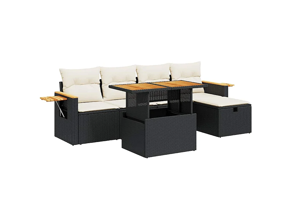 6-delige Loungeset met kussens poly rattan zwart