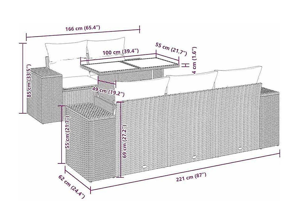 Salon de jardin avec coussins 6 pcs marron résine tressée