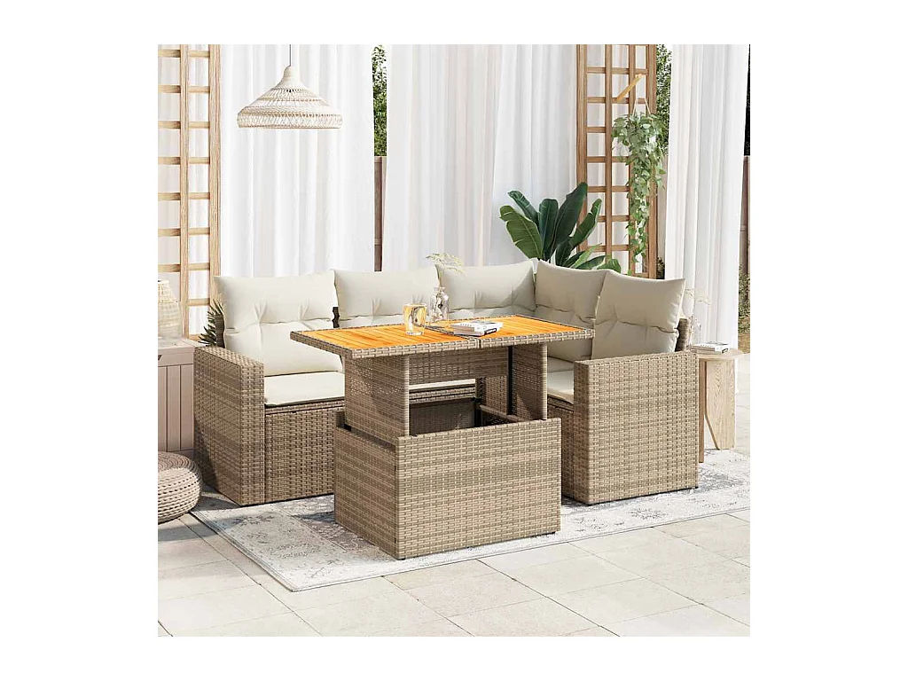Salon de jardin avec coussins 5 pcs beige résine tressée