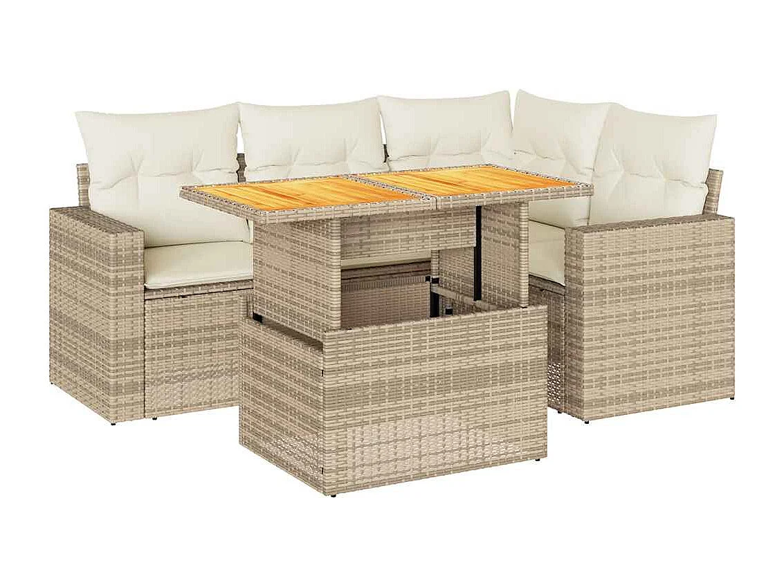 5-tlg. Garten-Sofagarnitur mit Kissen Beige Poly Rattan