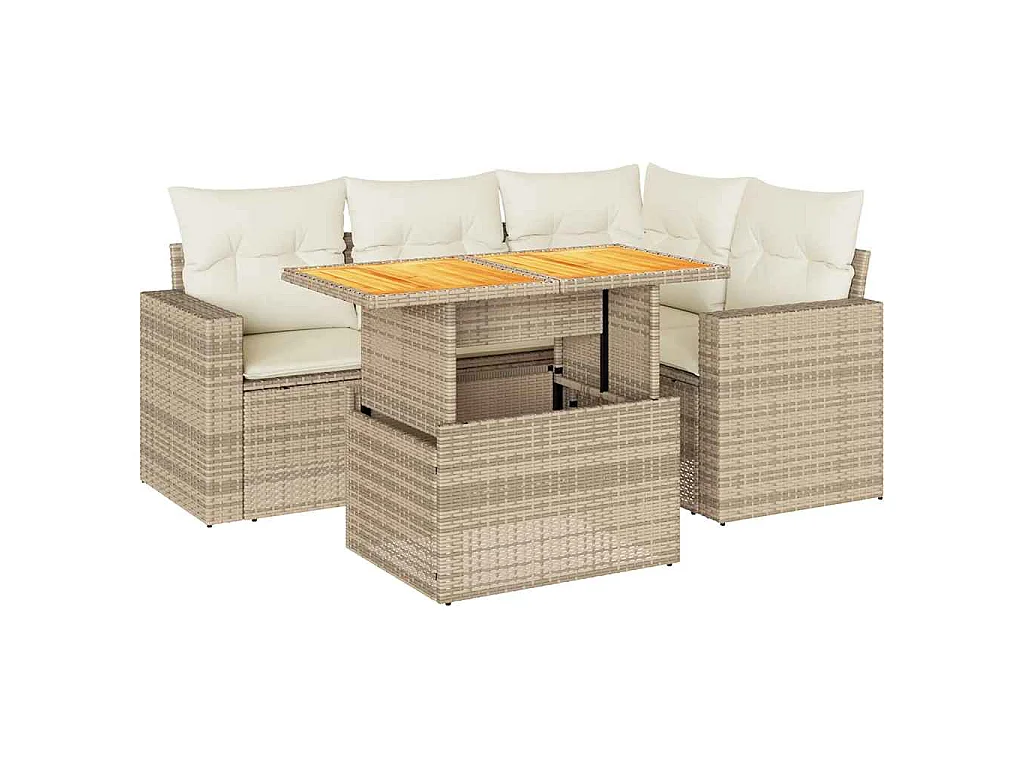 Set Divano da Giardino 5 pz con Cuscini Beige in Polyrattan
