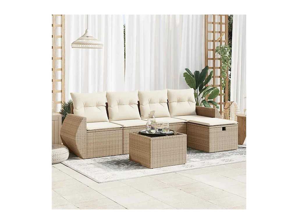 Set Divano da Giardino 6 pz con Cuscini Beige in Polyrattan