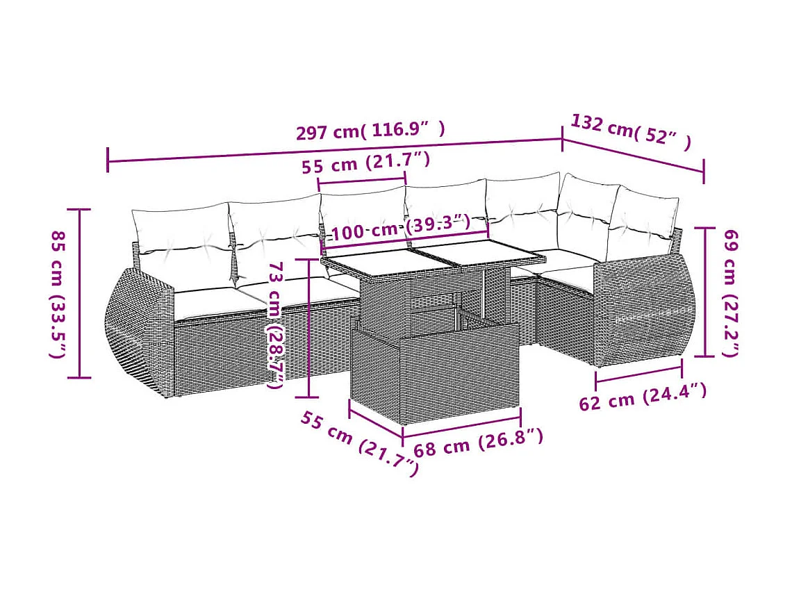Salon de jardin avec coussins 7 pcs marron résine tressée