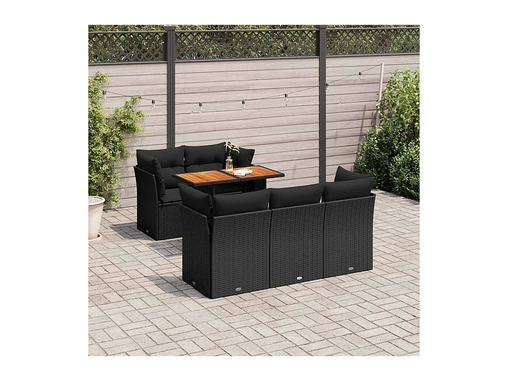 Salon de jardin 6 pcs avec coussins noir résine tressée