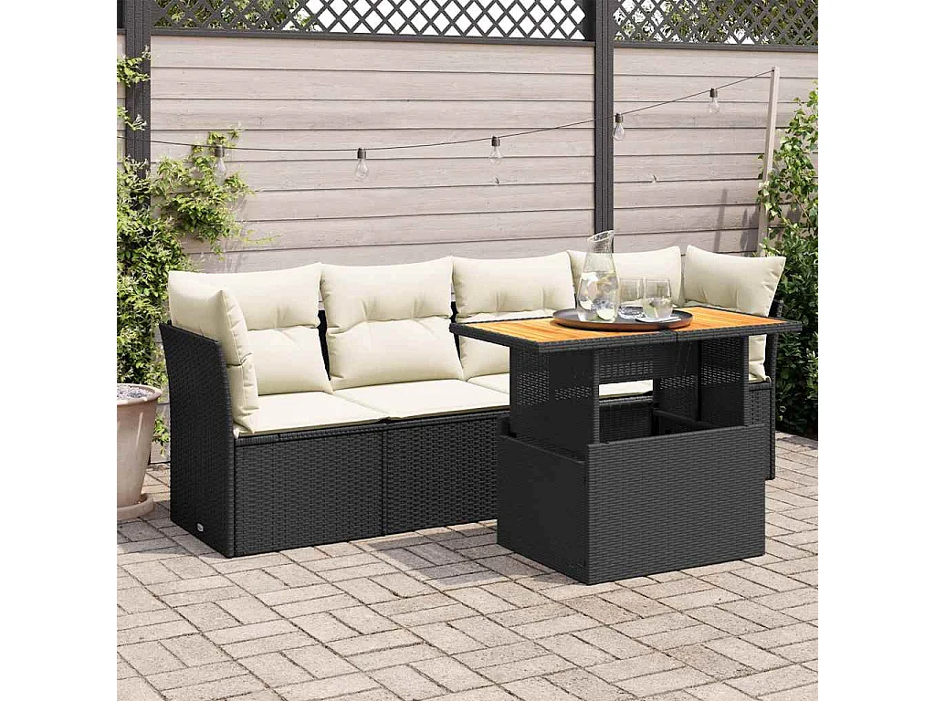 5-tlg. Garten-Sofagarnitur mit Kissen Schwarz Poly Rattan