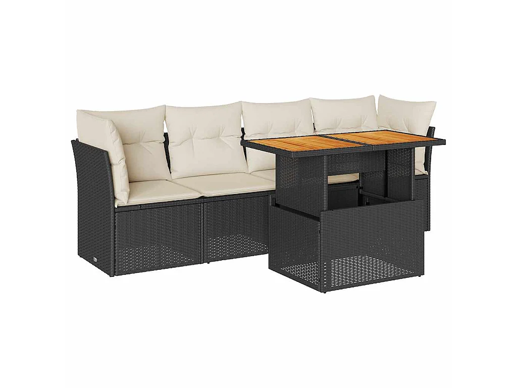 5-delige Loungeset met kussens poly rattan zwart