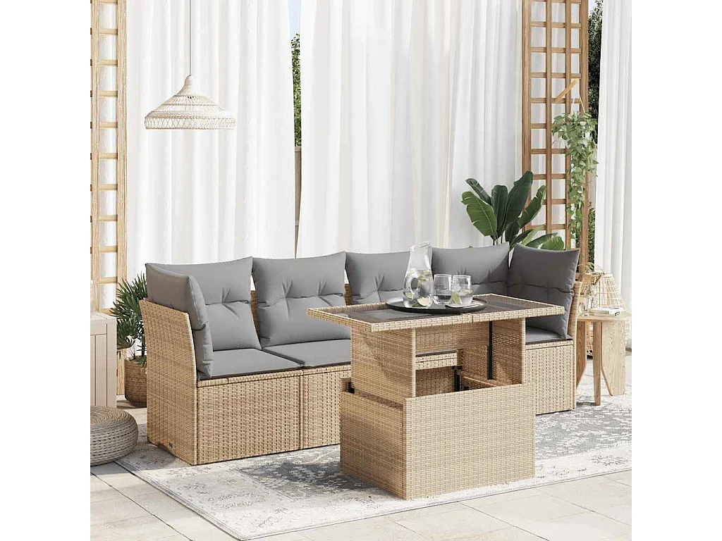 Salon de jardin avec coussins 5 pcs beige résine tressée