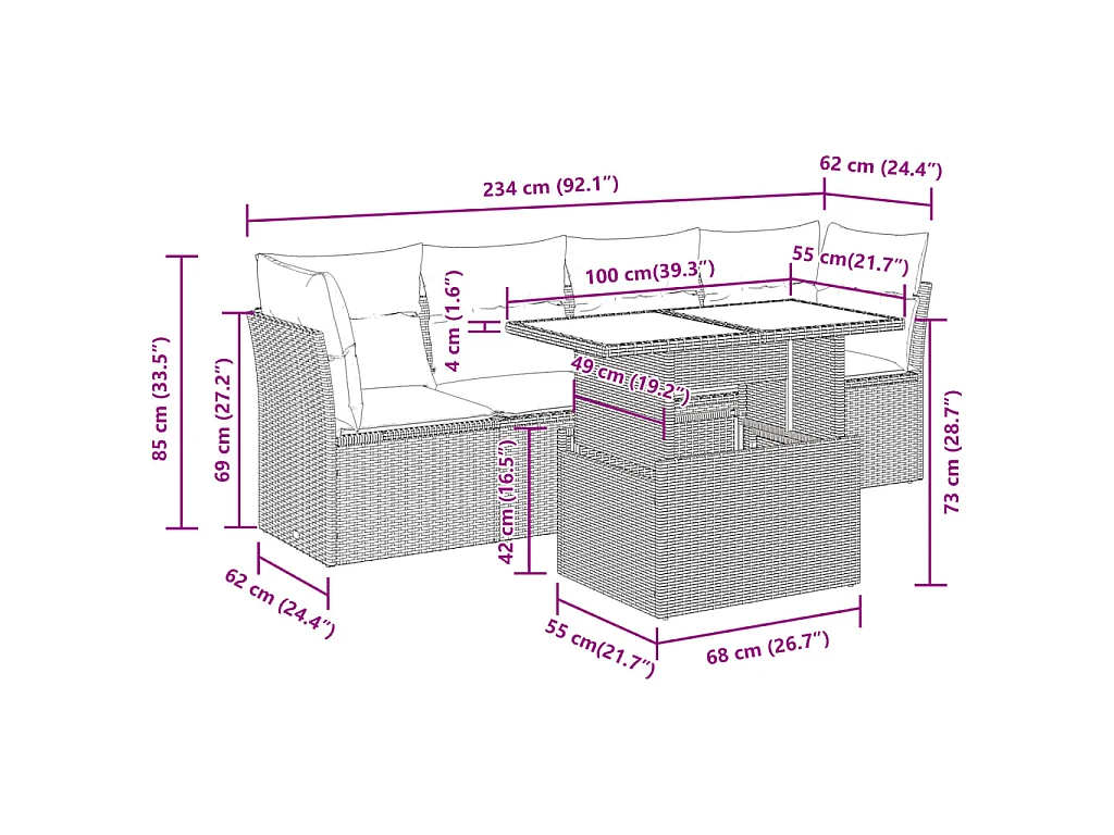 Salon de jardin avec coussins 5 pcs beige résine tressée