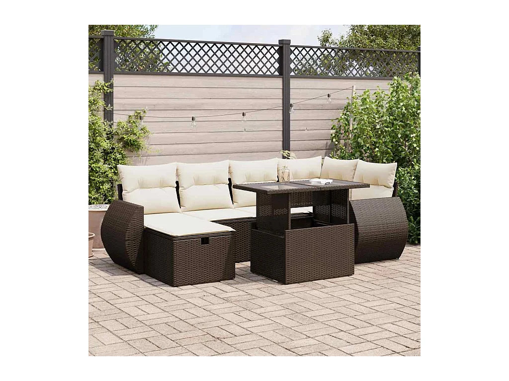 Set Divani da Giardino 7 pz con Cuscini Marrone in Polyrattan