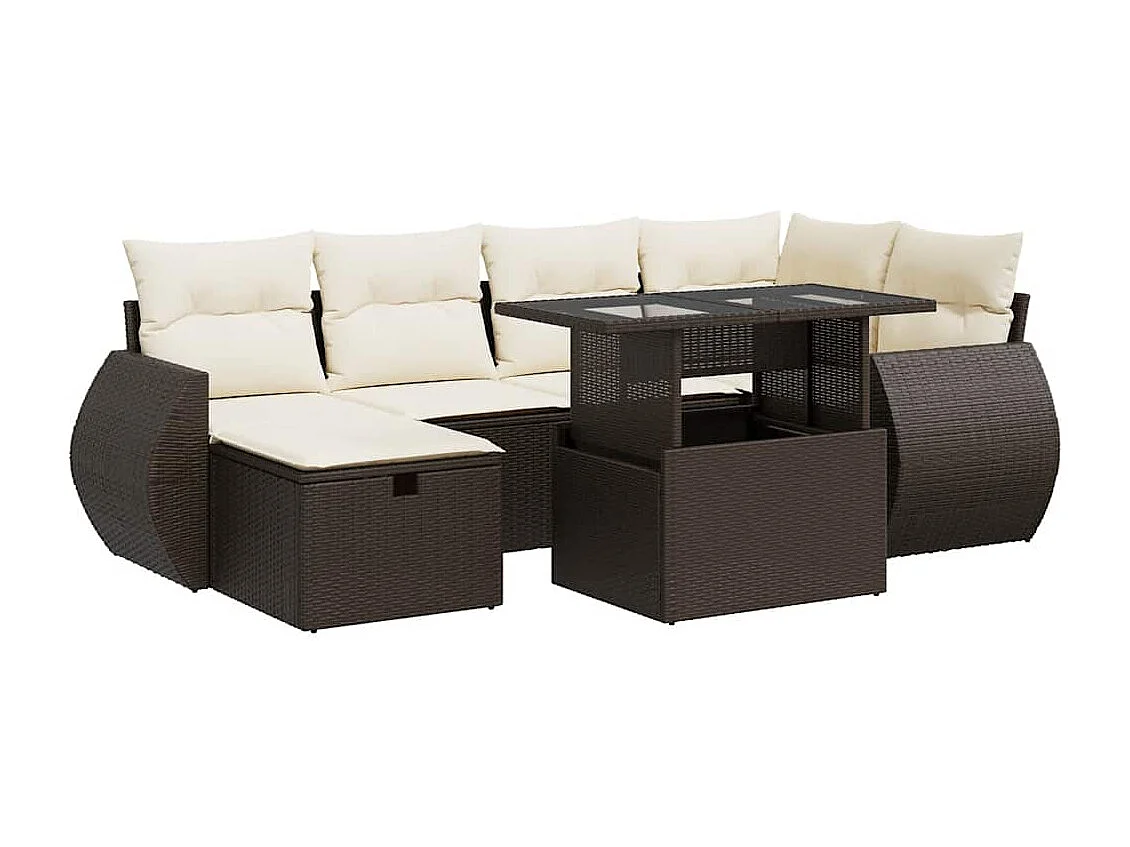 7-tlg. Garten-Sofagarnitur mit Kissen Braun Poly Rattan