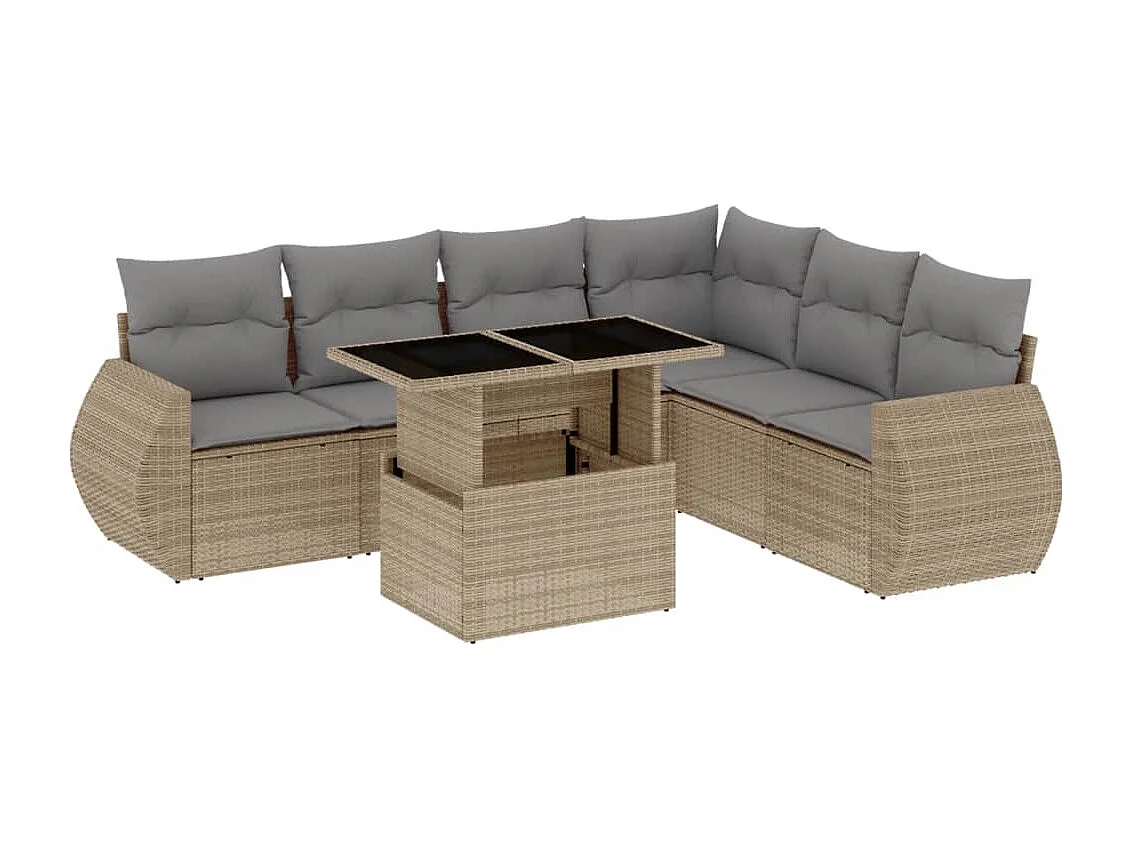 Salon de jardin avec coussins 7 pcs beige résine tressée