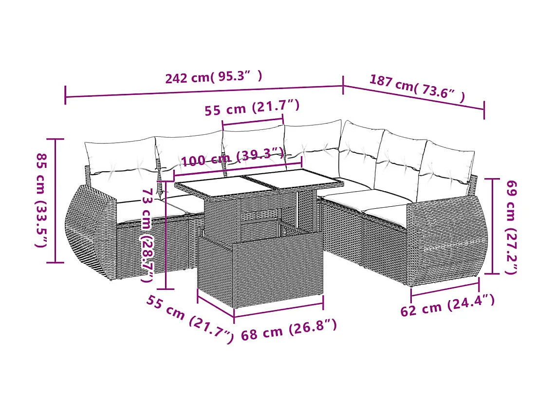 7-tlg. Garten-Sofagarnitur mit Kissen Beige Poly Rattan