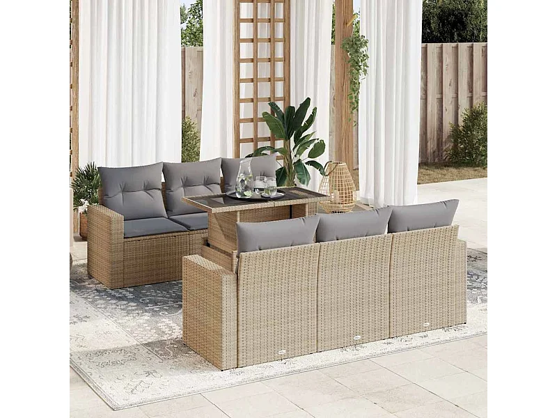 7-tlg. Garten-Sofagarnitur mit Kissen Beige Poly Rattan