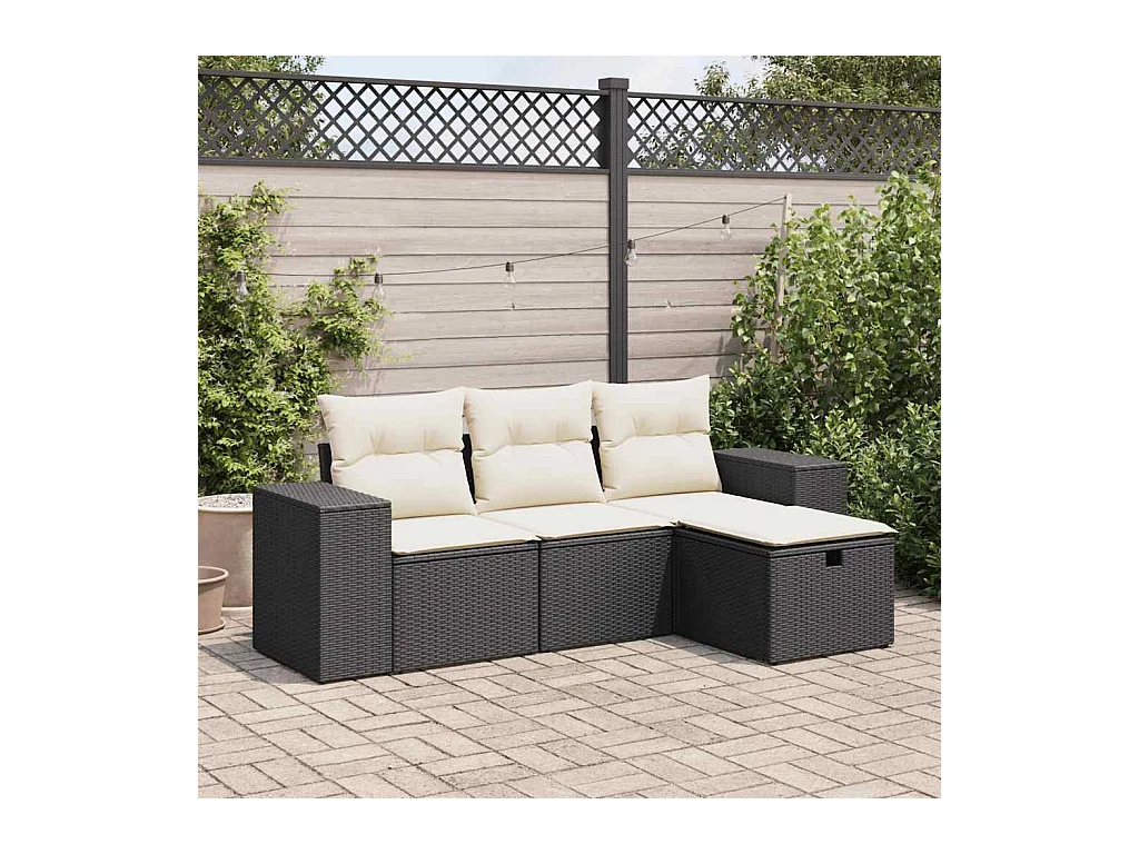 Salon de jardin 4 pcs avec coussins noir résine tressée