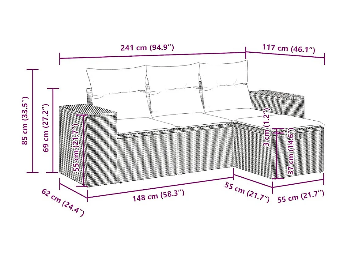 4-tlg. Garten-Sofagarnitur mit Kissen Schwarz Poly Rattan