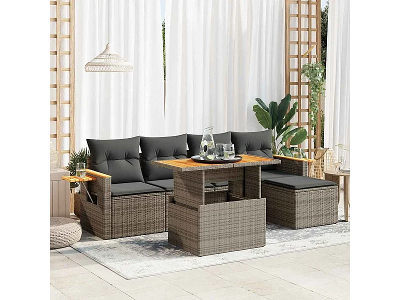 Salon de jardin avec coussins 6 pcs gris résine tressée acacia