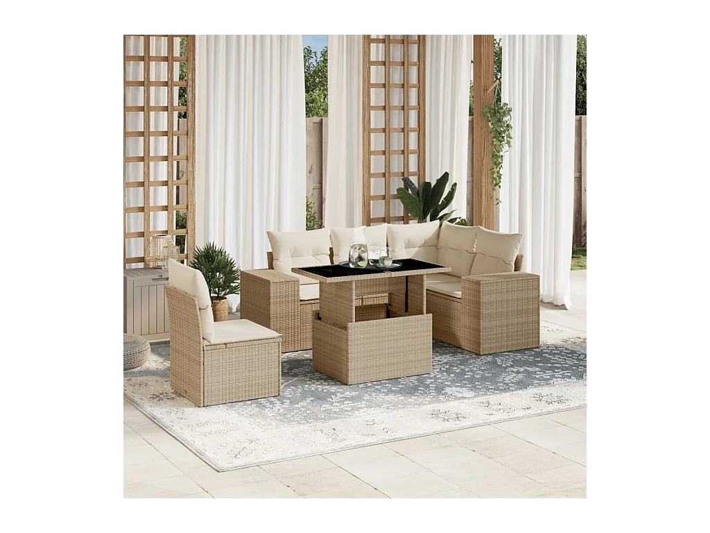 Salon de jardin avec coussins 6 pcs beige résine tressée