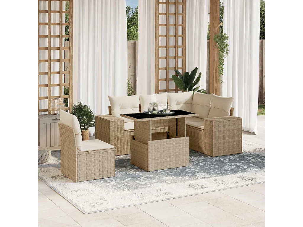 6-tlg. Garten-Sofagarnitur mit Kissen Beige Poly Rattan