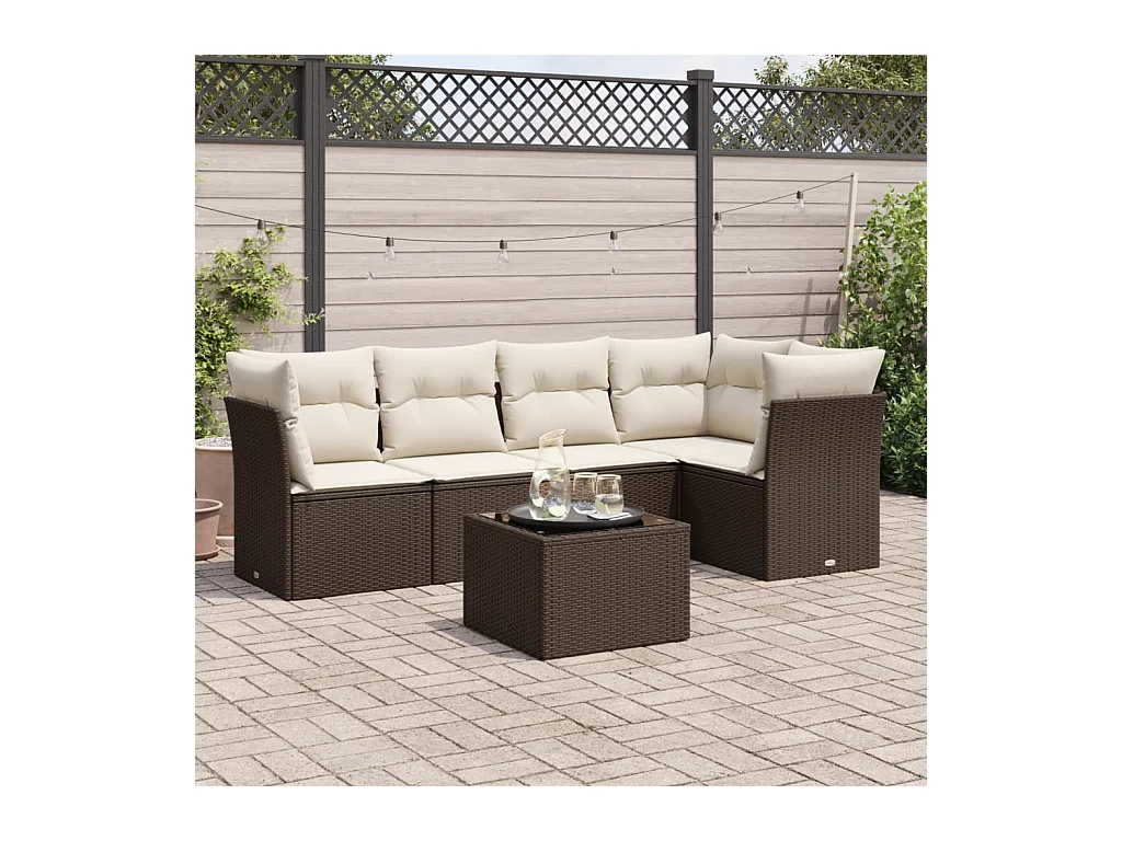 Salon de jardin avec coussins 6 pcs marron résine tressée