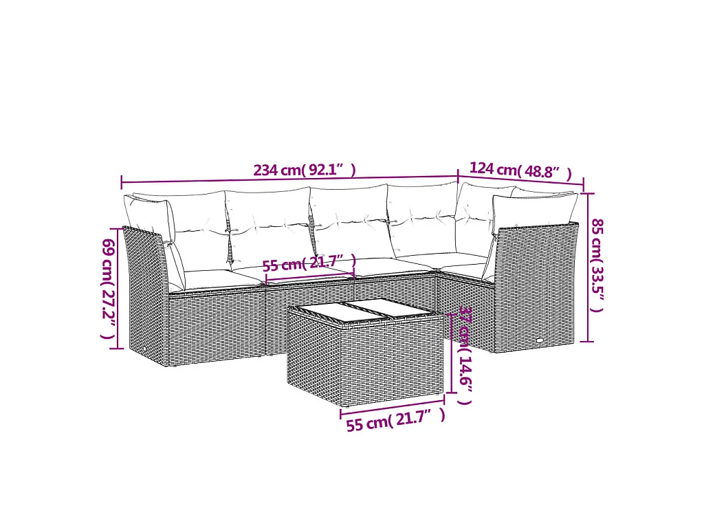 6-delige Loungeset met kussens poly rattan bruin
