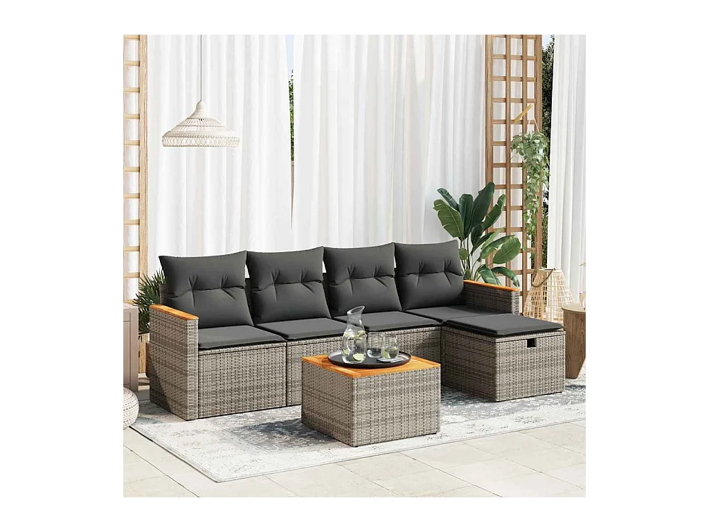Salon de jardin 6 pcs avec coussins gris résine tressée
