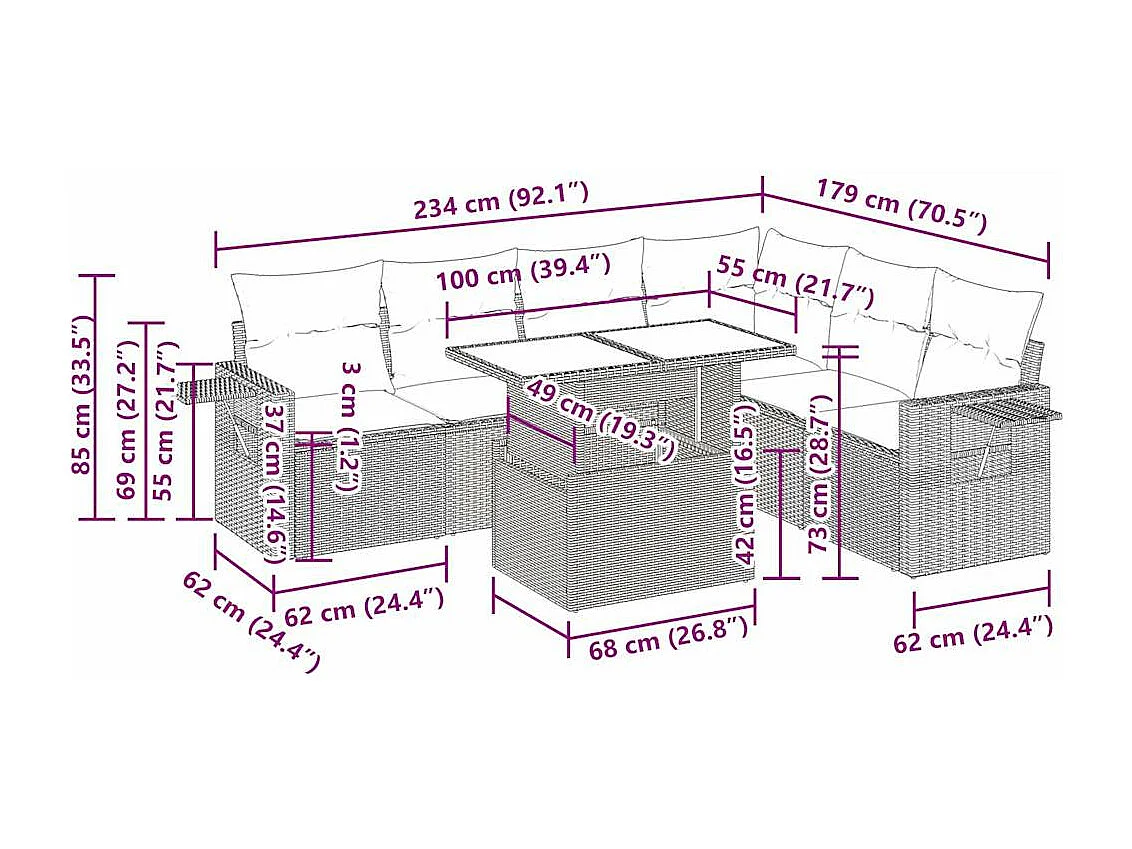 7-tlg. Garten-Sofagarnitur mit Kissen Grau Poly Rattan