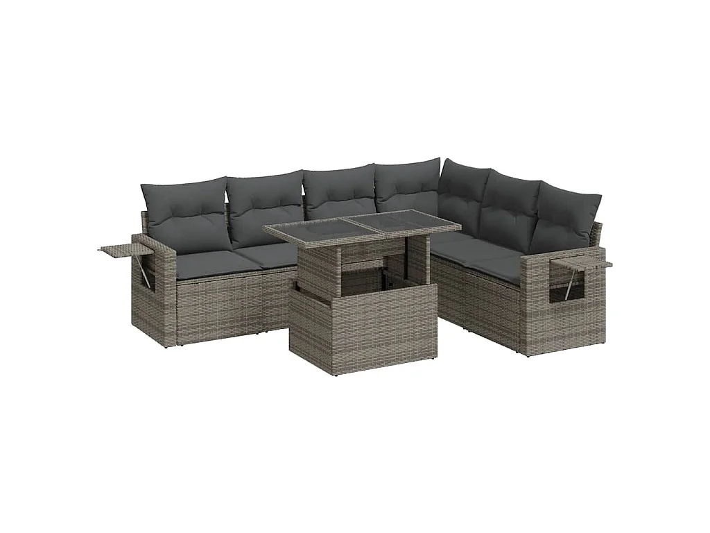7-tlg. Garten-Sofagarnitur mit Kissen Grau Poly Rattan