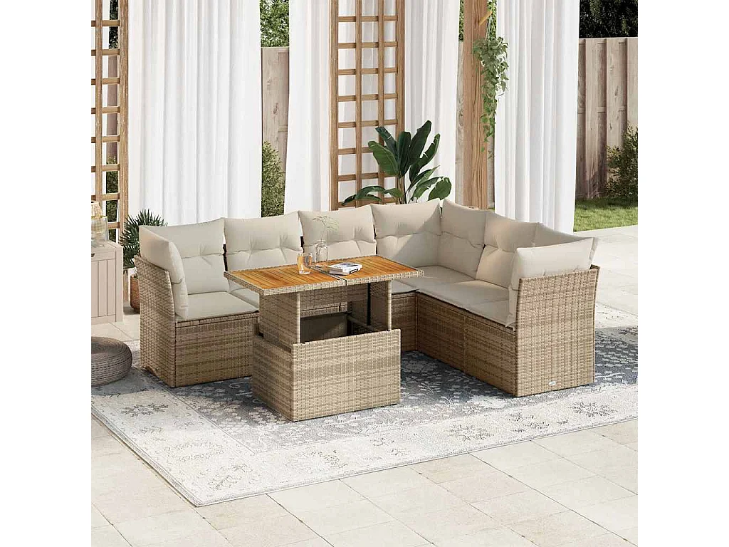 7-delige Loungeset met kussens poly rattan beige