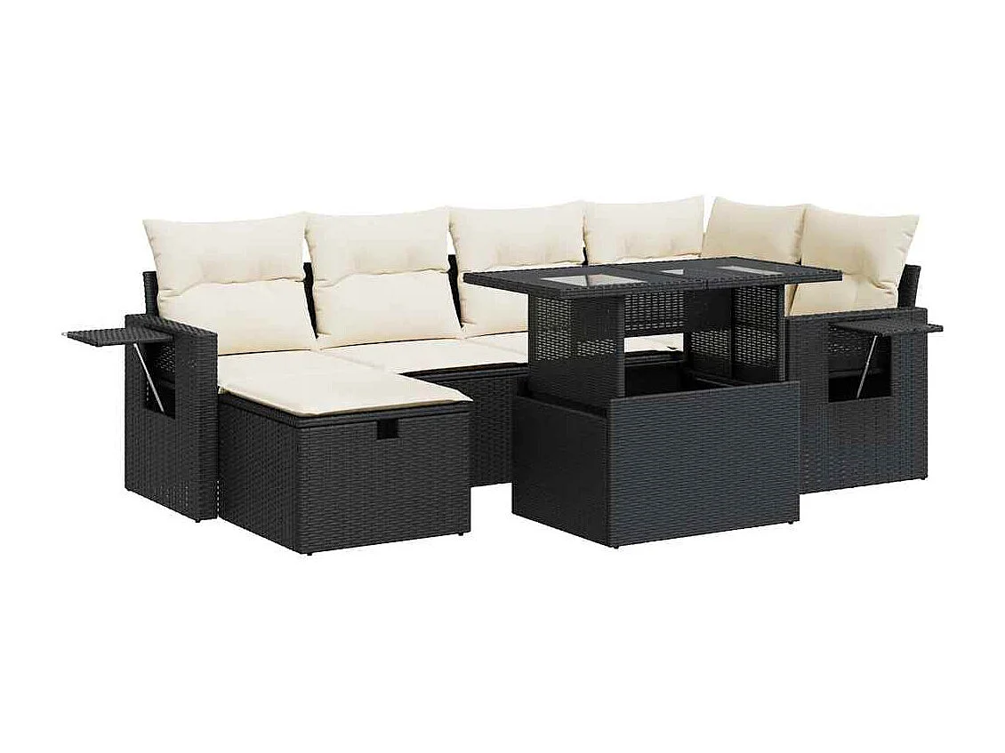 7-tlg. Garten-Sofagarnitur mit Kissen Schwarz Poly Rattan