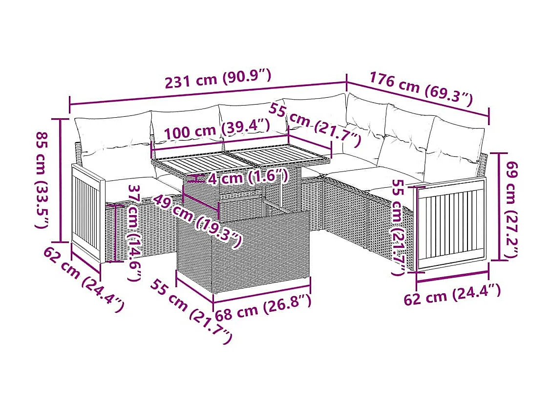 7-tlg. Garten-Sofagarnitur mit Kissen Grau Poly Rattan Akazie