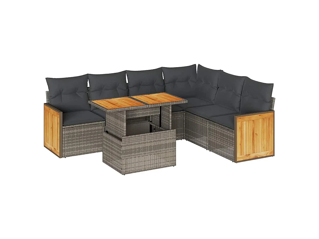 Salon de jardin avec coussins 7 pcs gris résine tressée acacia