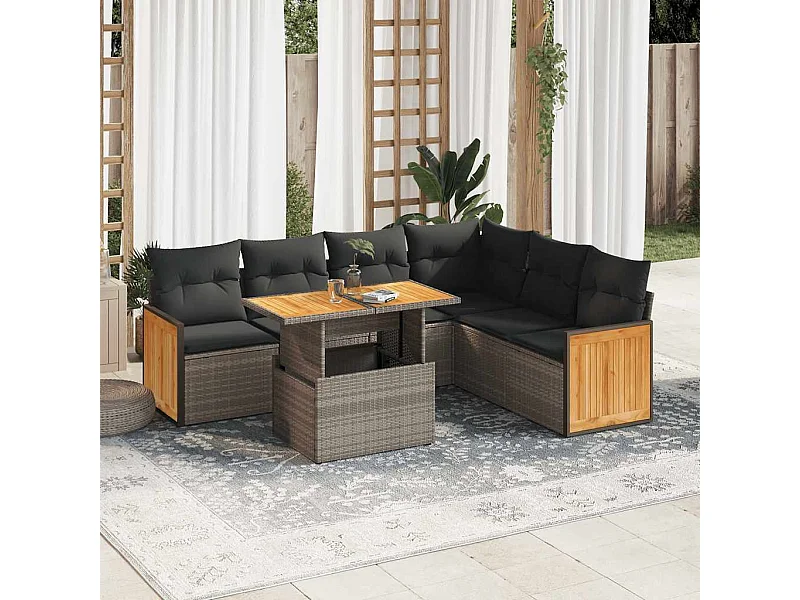 7-tlg. Garten-Sofagarnitur mit Kissen Grau Poly Rattan Akazie