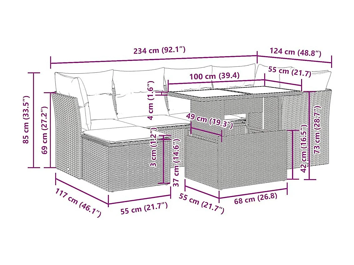 Salon de jardin avec coussins 7 pcs gris clair résine tressée