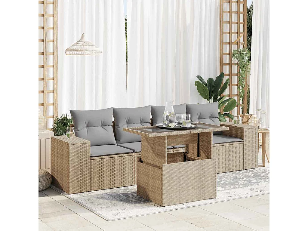 5-tlg. Garten-Sofagarnitur mit Kissen Beige Poly Rattan