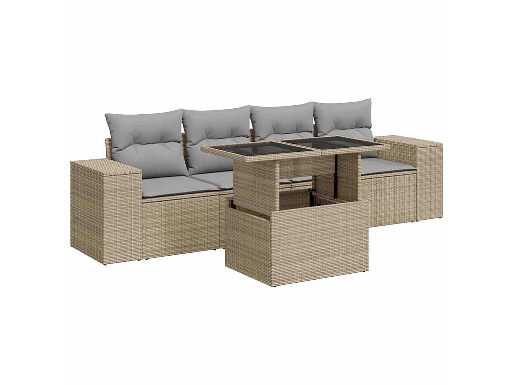 Salon de jardin avec coussins 5 pcs beige résine tressée