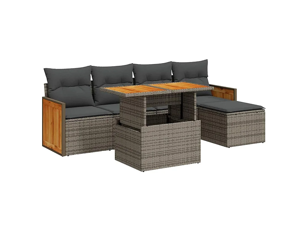 6-tlg. Garten-Sofagarnitur mit Kissen Grau Poly Rattan Akazie