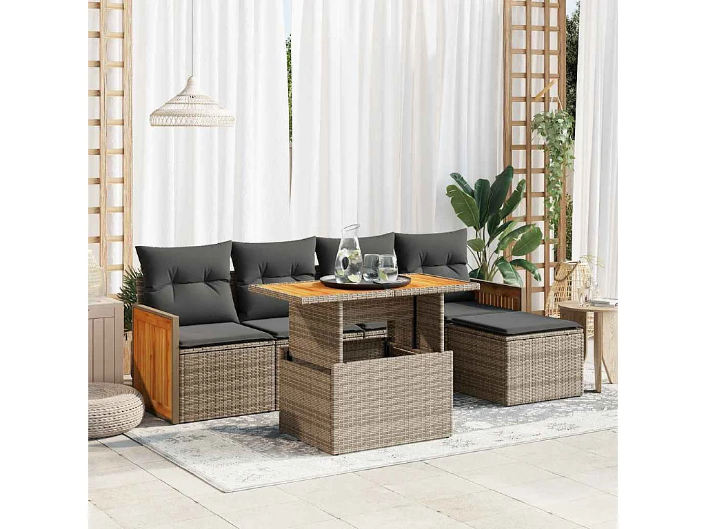 6-tlg. Garten-Sofagarnitur mit Kissen Grau Poly Rattan Akazie