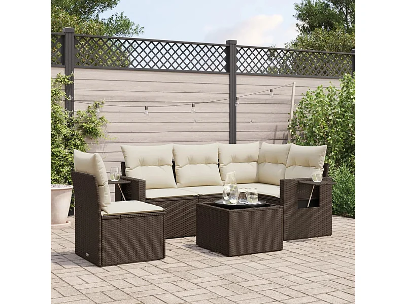Salon de jardin avec coussins 6 pcs marron résine tressée