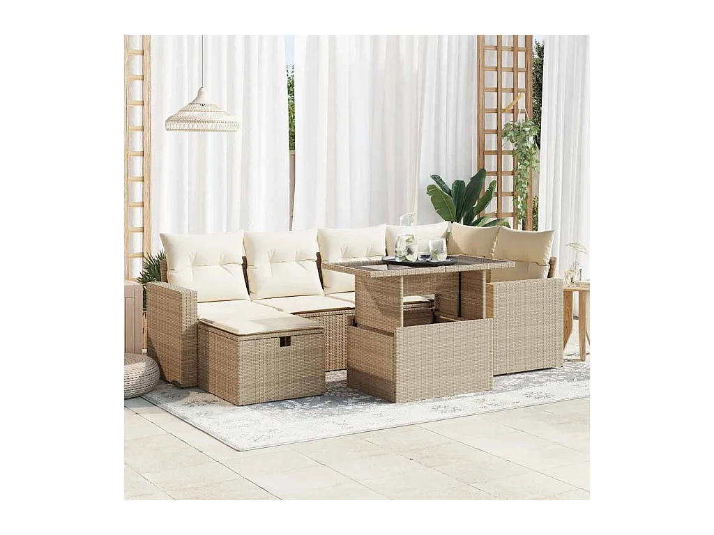 Set Divani da Giardino 7 pz con Cuscini Beige in Polyrattan